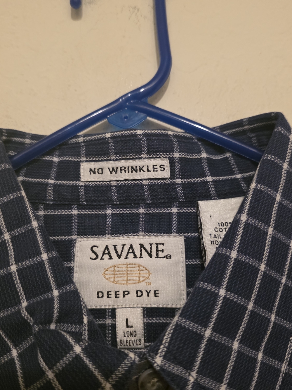 Savane Deep Dye No Wrinkles Indigo Check Men's Button Down Shirt Size L - Picture 3 of 9